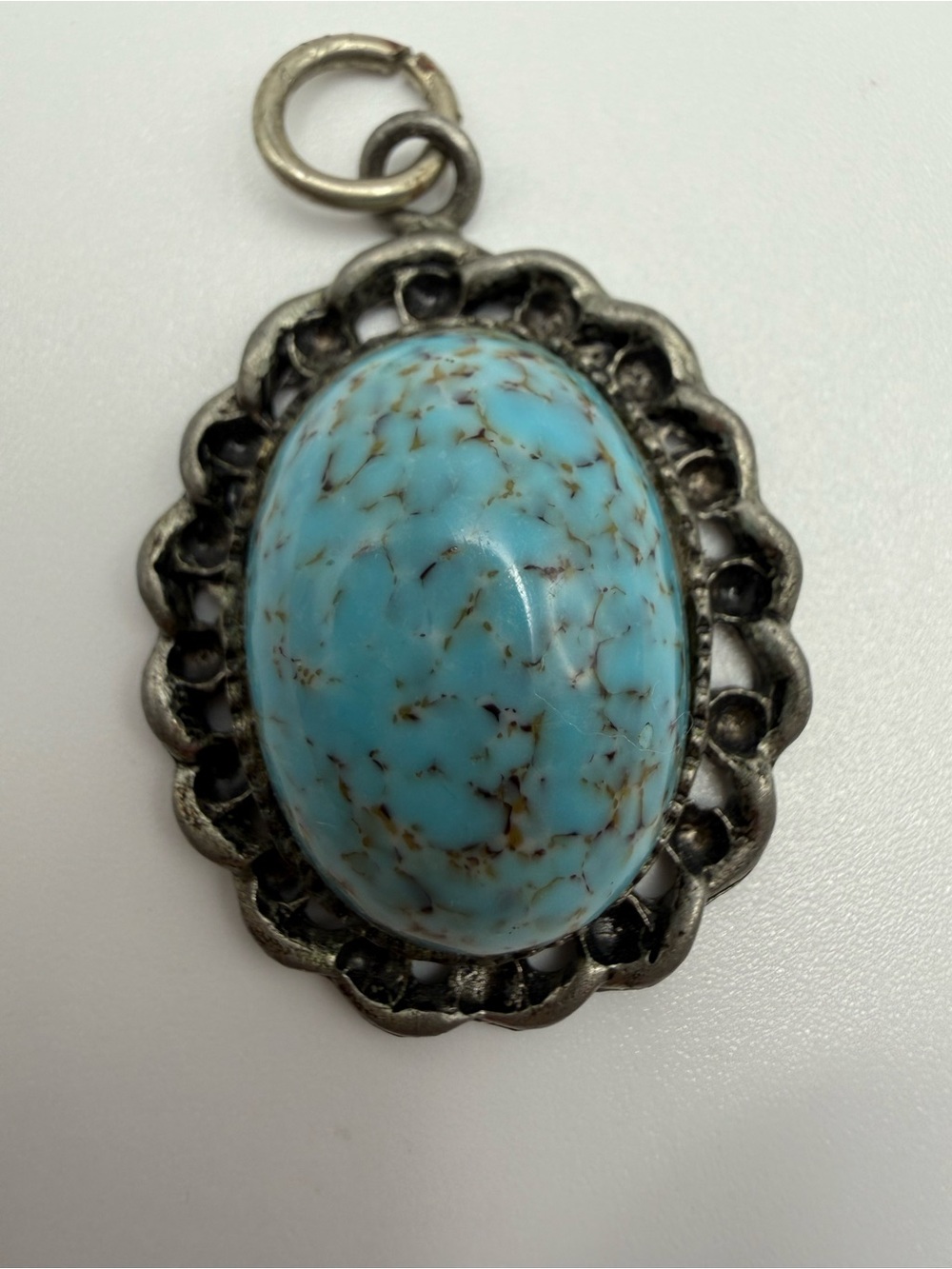 Blue Turquoise-Style Oval Pendant Necklace in Silver-Tone Setting